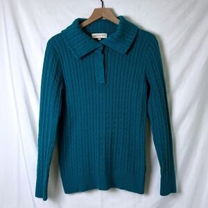 Jones New York Womens Cashmere Blend Cable Knit Polo Sweater Teal Blue Size L